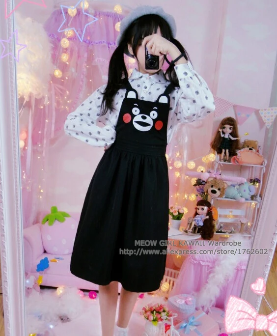 Очень милое платье японского аниме Кумамон на подтяжках черное с медведем из