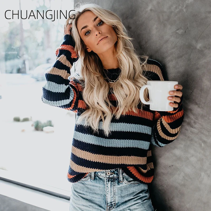 New Casual Autumn Winter Knitted Sweater Women Long Sleeve O-neck Striped Plus Size Pullover Ladies Streetwear | Женская одежда