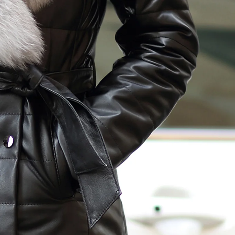 

QAZXSW Genuine Leather Jacket 2019 New Winter Women Fox Fur Collar Long Jacket Plus Size Overcoat Leather Sheepskin Coat LH1275