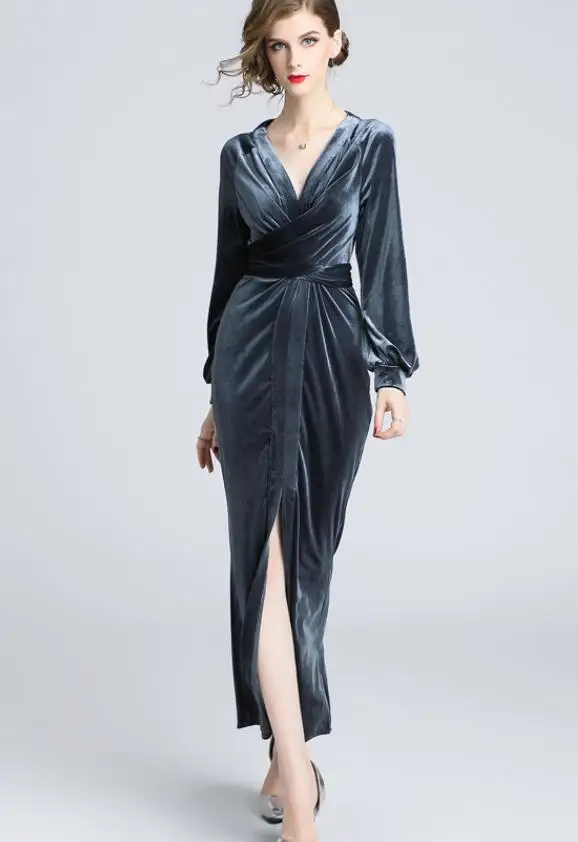 High Quality 2019 Spring Hot Sale Elegant Deep V Collar Solid Color Jag Woman Velvet Long Formal Dress Grey | Женская одежда