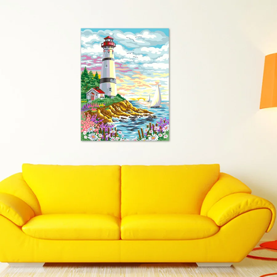 Оформлена DIY картина маслом по номерам ручной росписью Маяк на рассвете Гостиная