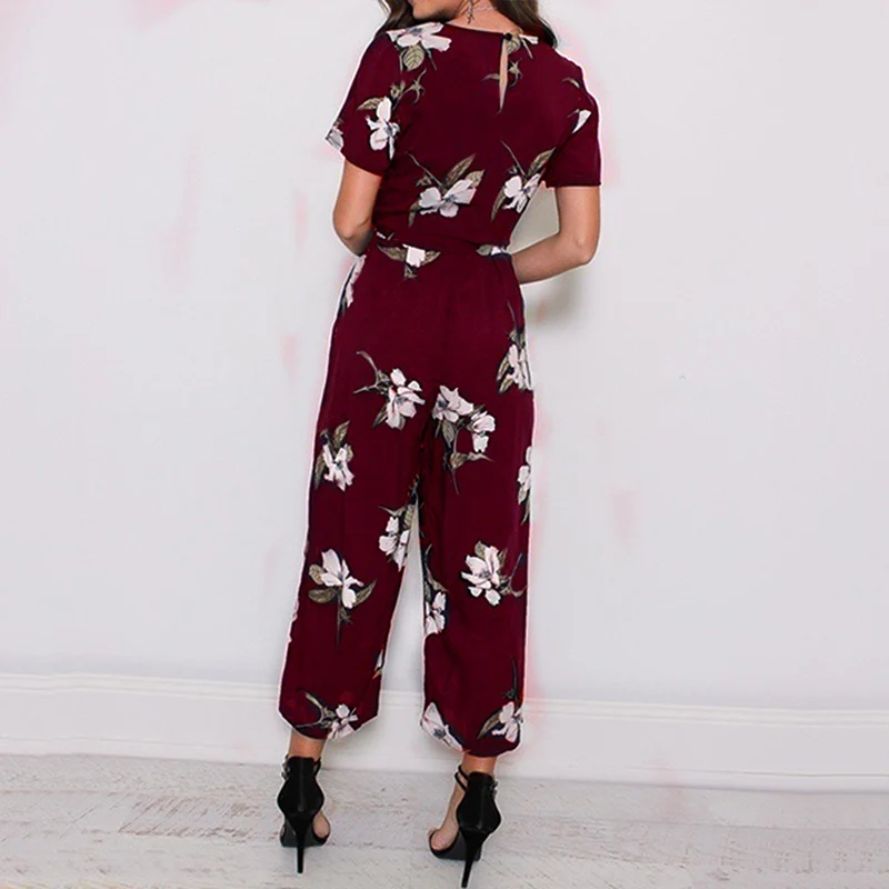 Женский комбинезон с цветочным принтом короткий рукав v-образный вырез лето 2019 |