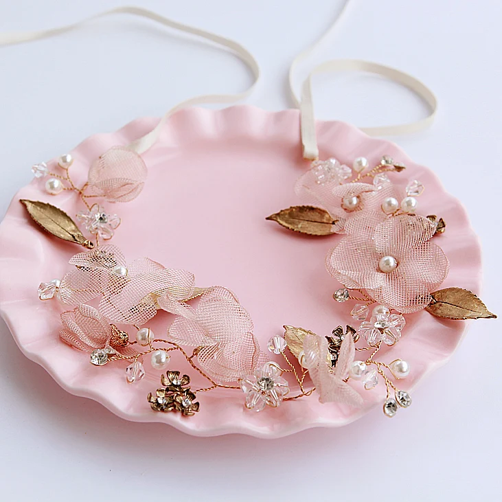 Модный головной убор для невесты с золотыми листьями и розовыми цветами женские