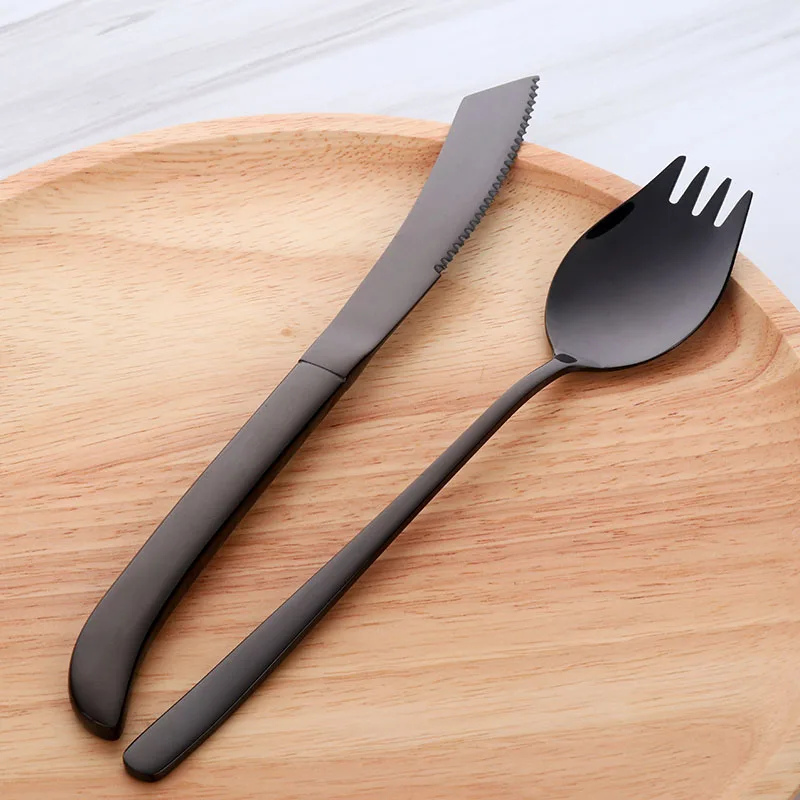 Покупатель звезда нож для стейка и Spork набор столовых приборов из нержавеющей стали стильная посуда ложка Вилка комбинировать золотые столовые приборы обслуживание для 4 - Цвет: Black
