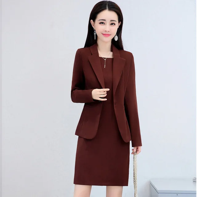 Burgundy Женский костюм из 2 предметов, офисный костюм для девушек, официальная деловая рабочая одежда, блейзер с круглым вырезом, облегающее платье-карандаш, комплект элегантной одежды размера плюс - Цвет: Burgundy