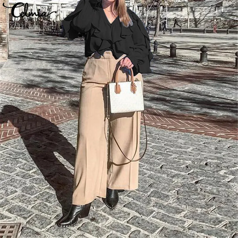 Женская блузка с оборками v-образным вырезом и длинным рукавом Повседневная