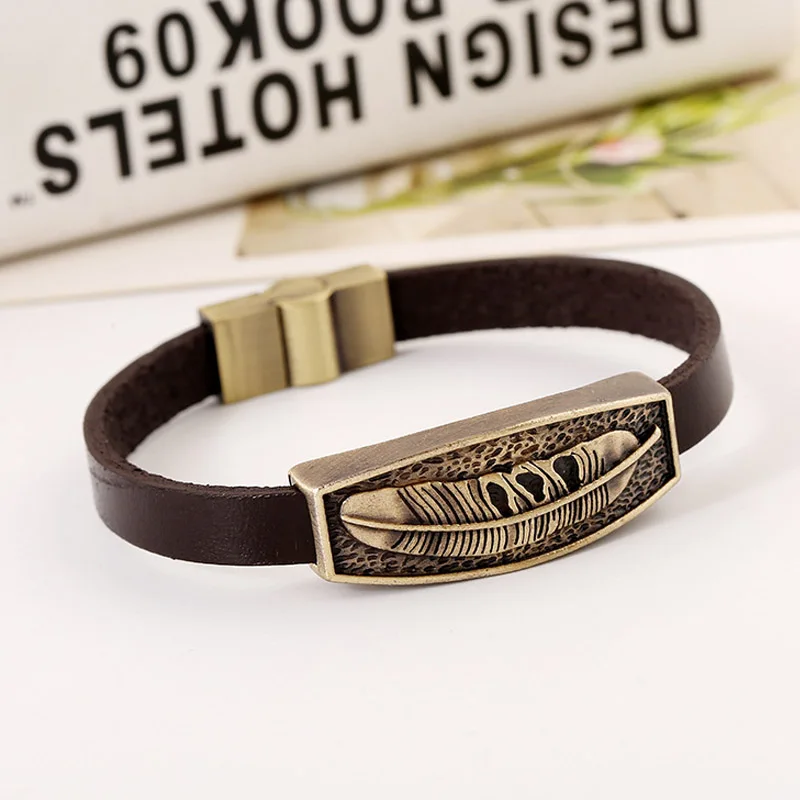 Винтажный браслет с большим листом Байкерский мужской в стиле стимпанк