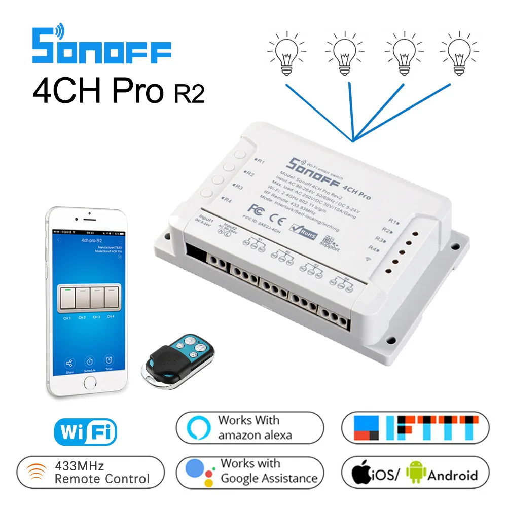 Sonoff 4CH Pro R2 умный Wi-Fi релейный модуль переключателя 4 канала Ewelink Голосовое управление с Alexa Google home 433 RF Wifi светильник переключатель