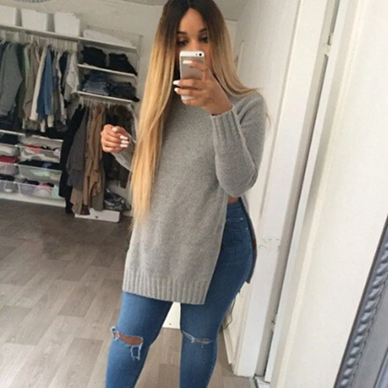 2016 autumn new women sweaters fashion sexy solid knitted sweater long sleeve casual Split slim European pullover LB2378 | Женская