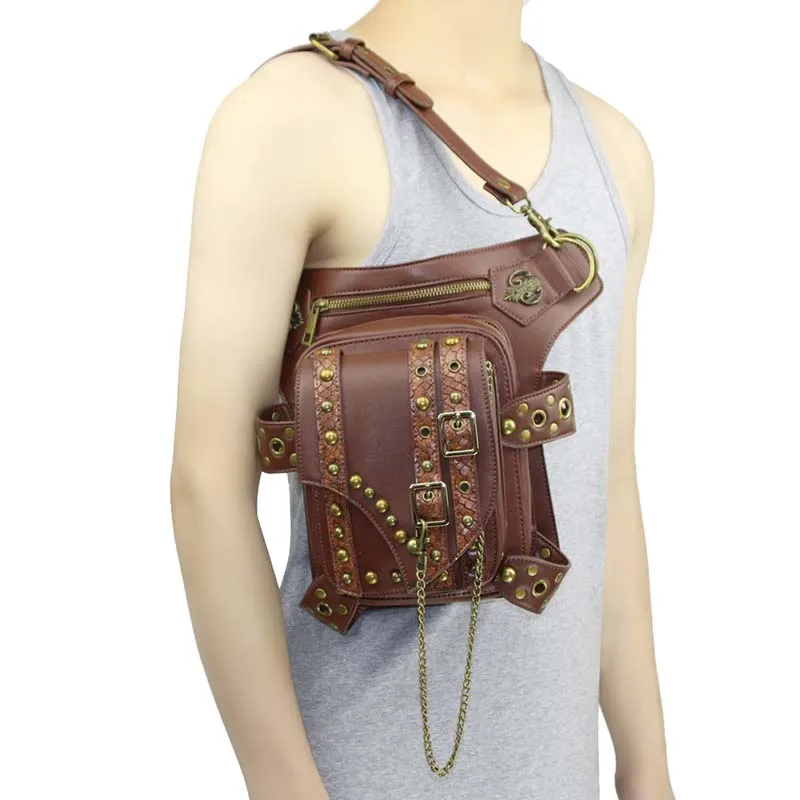 Винтажная сумка мессенджер из искусственной кожи коричневого цвета с заклепками