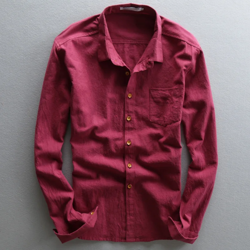 Мужские рубашки льняные с длинными рукавами тонкие повседневные хлопковые для