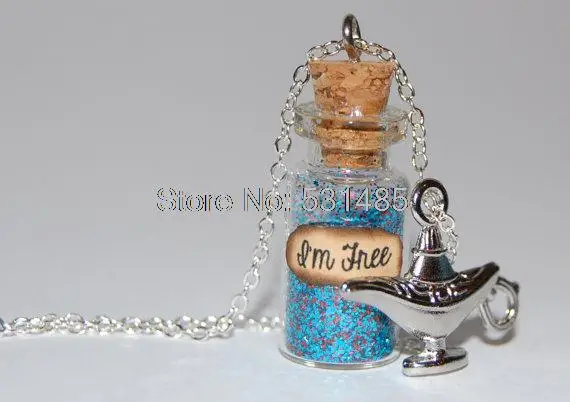 12 шт./лот ожерелье из стеклянной бутылки Аладдин ручной работы серебра с надписью