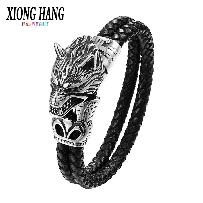 

Xionghang Wolf Head Bracelet Titanium Steel Jewelry Vintage Genuine Leather Bangle High Quality Woven Men's Jewelry Wholesale