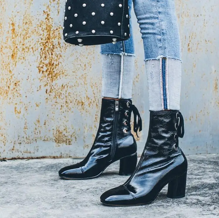 Stylesowner Fashion Square Toe Back Hollow Cross Tied Short Boots Patent Leather Solid Color Chunky High Heel Women Shoes | Обувь