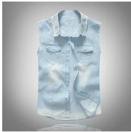 Мужская Летняя ковбойская рубашка M/5Xl тонкая голубая Повседневная джинсовая без