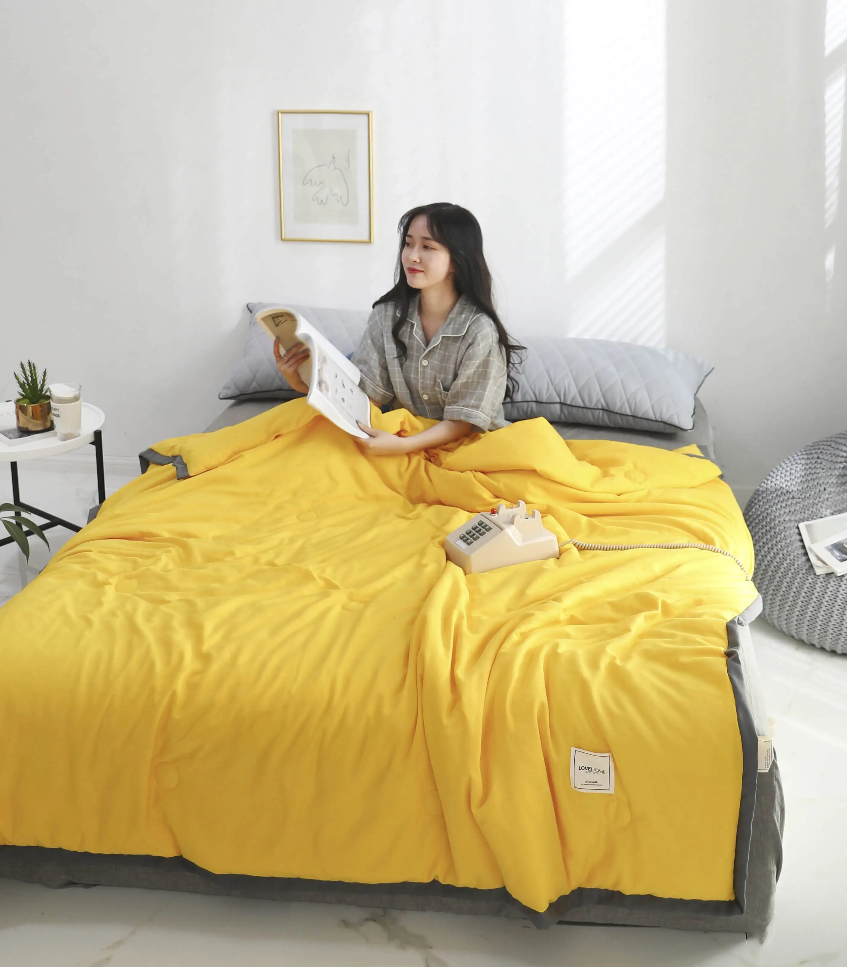 Однотонное желтое покрывало с бантиком бабочкой летнее одеяло стеганое домашний