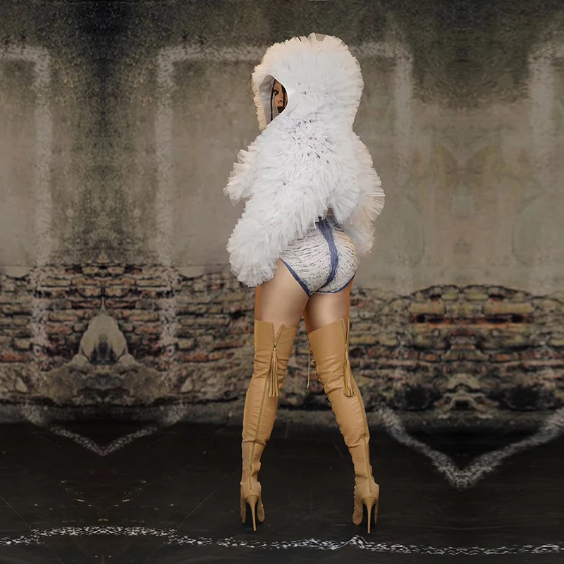 

Atmospheric white lace jacket denim split print spandex onesie nightclub bar concert DJ singer/dancer costume