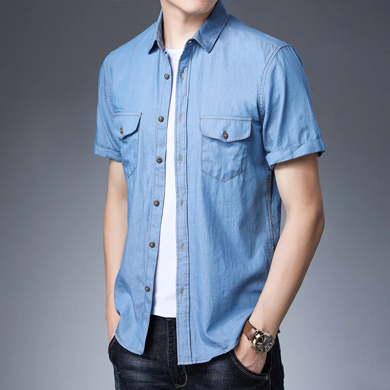 

2019 New Summer Mens Business Casual Denim Shirts Men High Quality 100% Cotton Shirt Male Short Sleeve Fashion Shirt