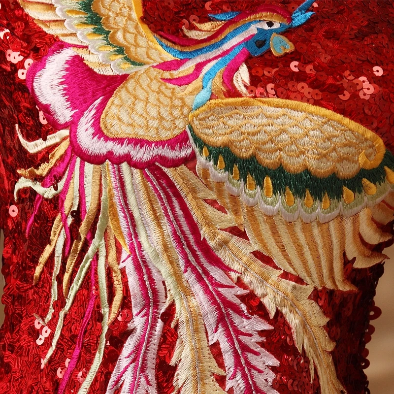 Красный Bling Для женщин Cheongsam Китайский Стиль блестками платье с Фениксом Bodycon блеск вечерние Макси платья-деко Ретро Lentejuelas Qipao