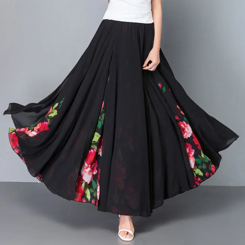 

2019 Summer Plus Size Black Floral Chiffon Big Swing Hem Female Ladies Dance Skirt / Bohemian Mopping the floor Skirt Womens