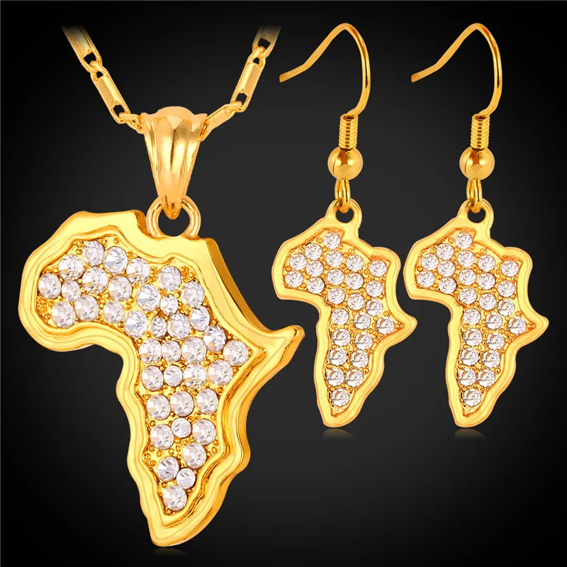 

Africa Map Pendant Necklace Earrings Set For Women Charms Austrian Rhinestone Gold Color African Jewelry Sets PE731