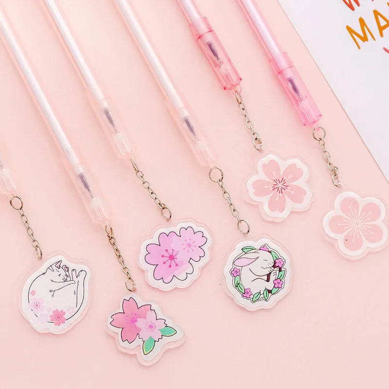 

(8 Pieces/lot) Korea Cute Cherry Blossom Pendant Gel Pen Small Fresh Student Exam Writing Black Ink Pen Gift for Girl