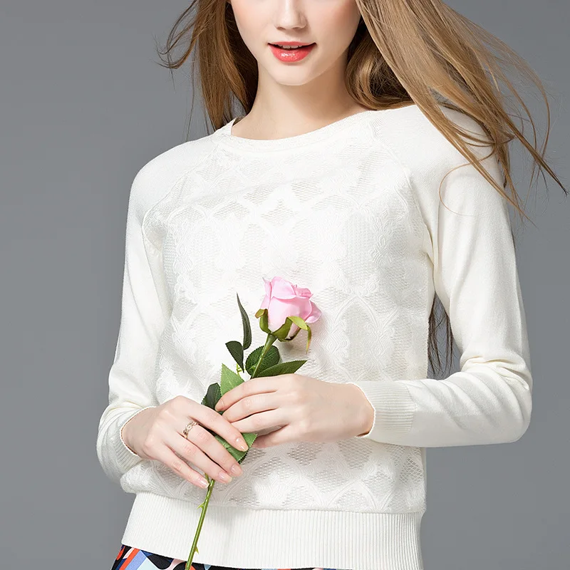 New Sky Blue White Lace Sweater for Women Casual O-Neck Long Sleeve Women's Sweaters Knitted Pullovers Fashion Female Loose Tops | Женская