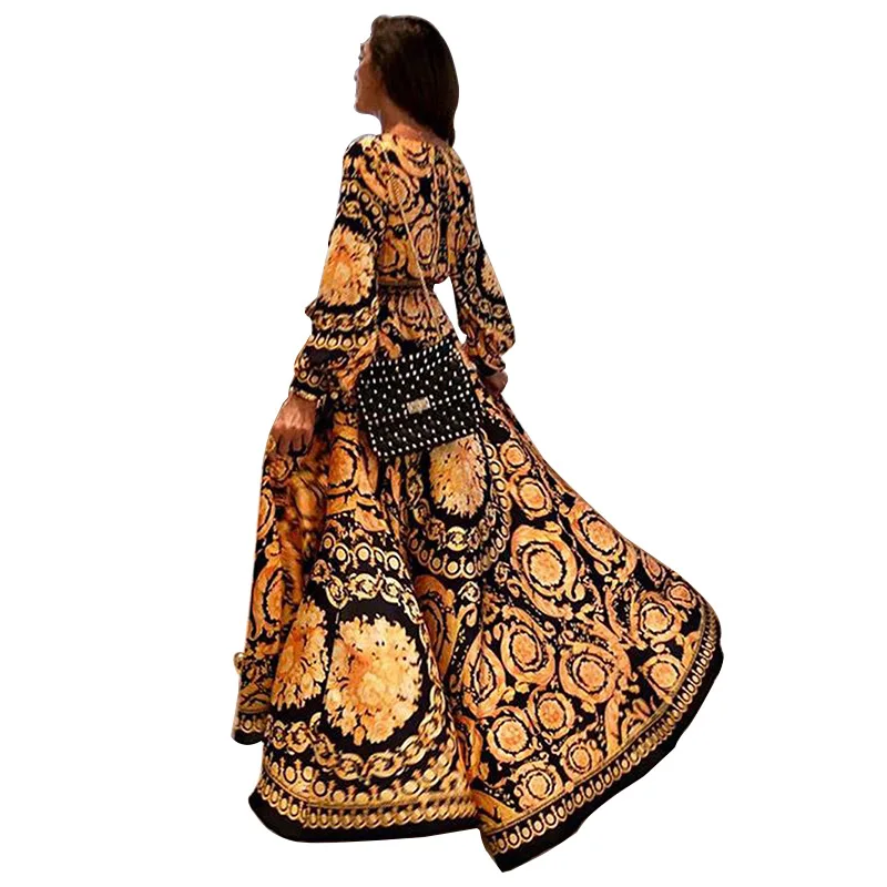 

2019 New Spring Summer Dress Sexy Fashion Trendy Temperament Print Large Size Long Sleeve V Collar Long Women Dresses ZW146