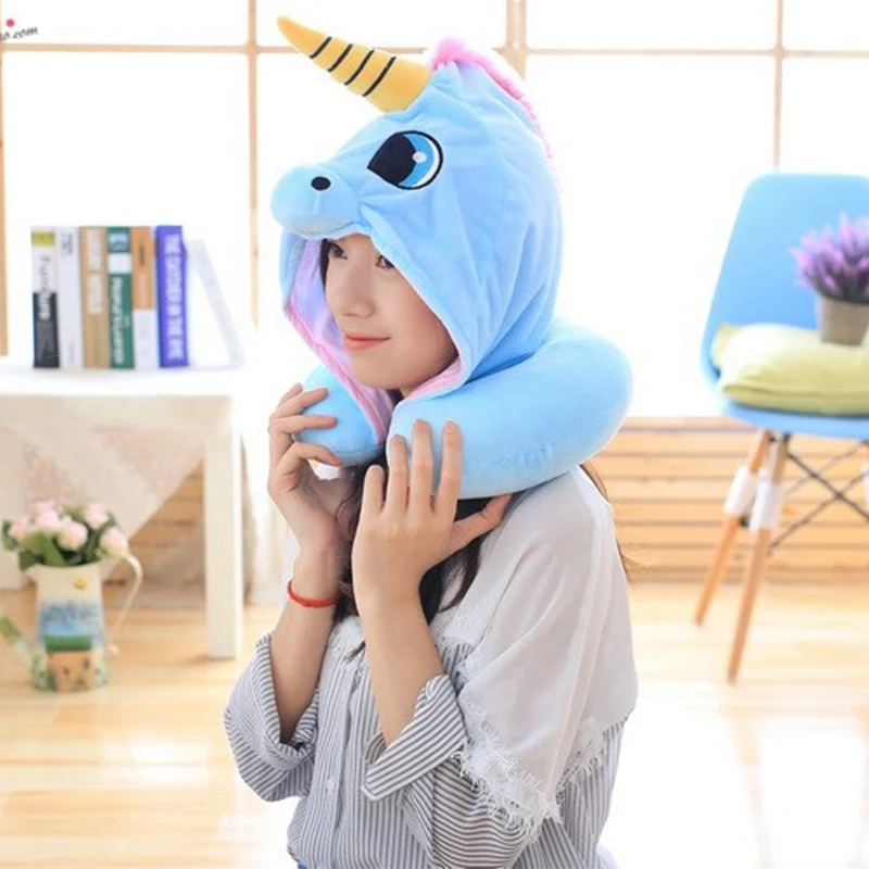 Lovely Unicorn Hood Neck U Pillow Decorative Blue Pink Soft Office Nap Cushion Cute Cartoon Doll Plush Toy Gift for Children Kid | Дом и сад