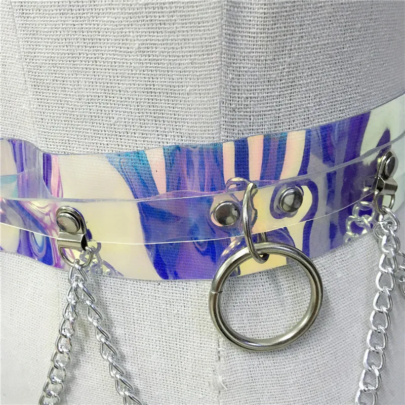 

Gothic Holographic Belts 3 Piece Set Women Metal Link Chains O Rings Choker Sexy Bra Chest Belts PU Waist Belt Party Clubwear