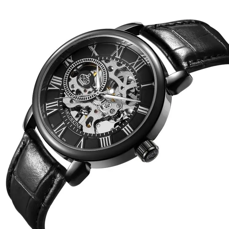 leather black Купоны продажи Для мужчин Часы Механический ручной взвод Роскошные Лидирующий бренд Orkina Скелет Нержавеющая сталь браслет с сетчатым ремешком Мужские часы - Цвет: leather black