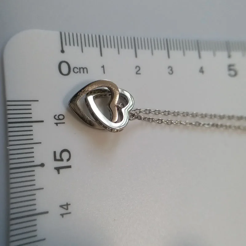 Trendy cubic zirconia double heart S925 sterling silver pendant necklace for women Simple Clavicle chain Valentine's day | Украшения и