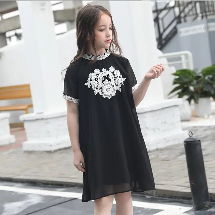 Free shipping girls embroidery dress teenage short sleeve black loose children holiday kids clothes 6-16Y ws604 | Детская одежда и