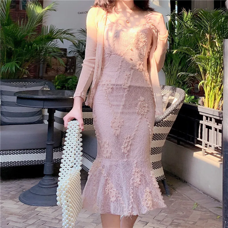 Korean Women 2 Piece Sets 2019 Sunscreen Cardigan And Lace Dress Two Summer Fashion Matching Outfits Sweet Suits | Женская одежда