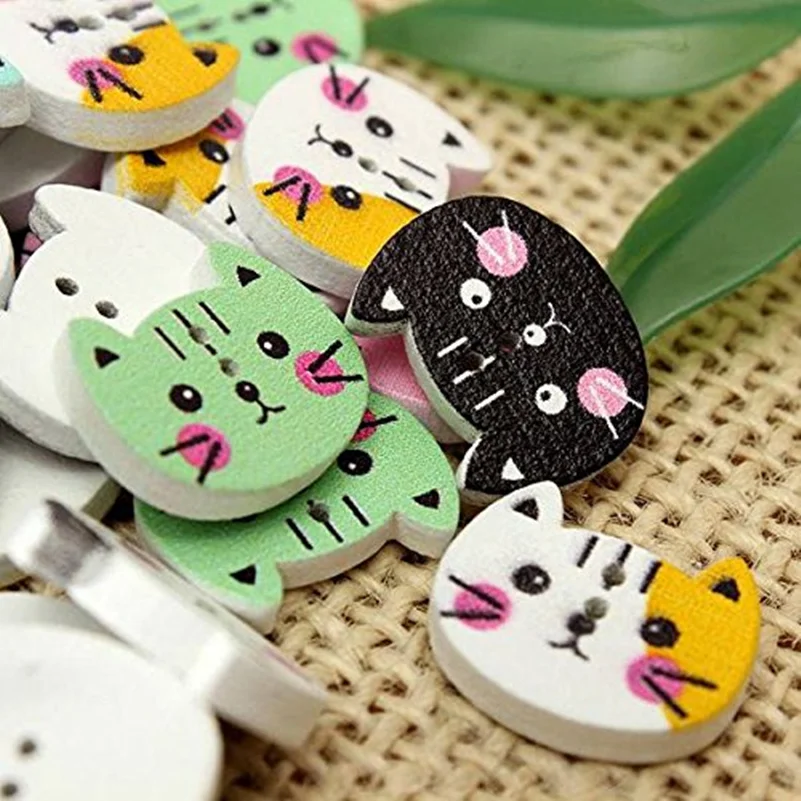 

100pcs Animal Cat Wooden Button Sewing Scrapbooking DIY Craft Colorful 2 Holes 7NK155
