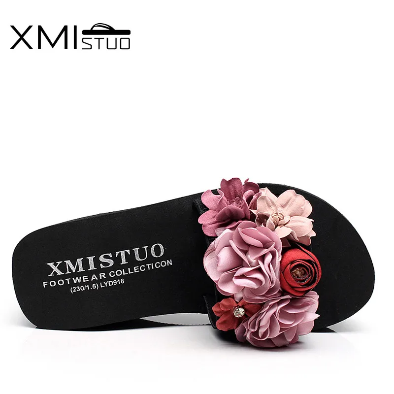 XMISTUO Women Sandals with Flower Female Summer Beach Wedges Slides Water-Resistant 7CM High-Heeled Slippers 2 Color 7180W