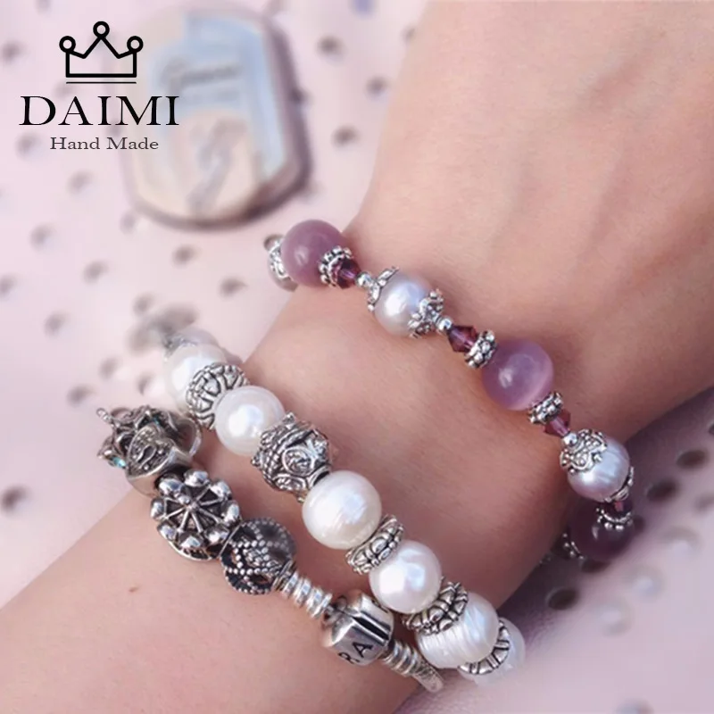 DAIMI Purple Natural Pearl Bracelets Trendy Adjustable Style Agate Bracelet Colorful Stone Jewelry 5 Color For Choose Big Size