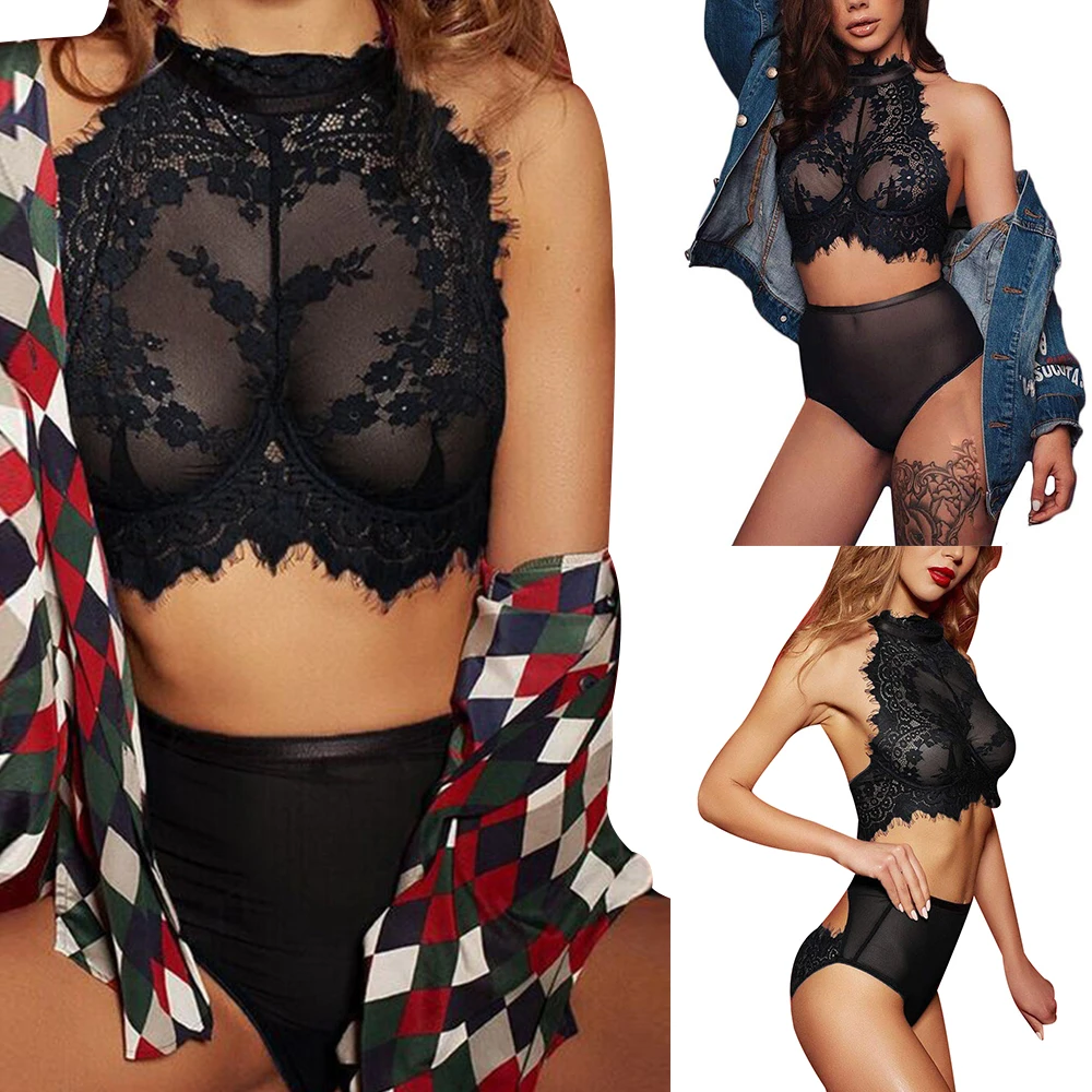 Женский сексуальный черный кружевной прозрачный без рукавов укороченный топ на