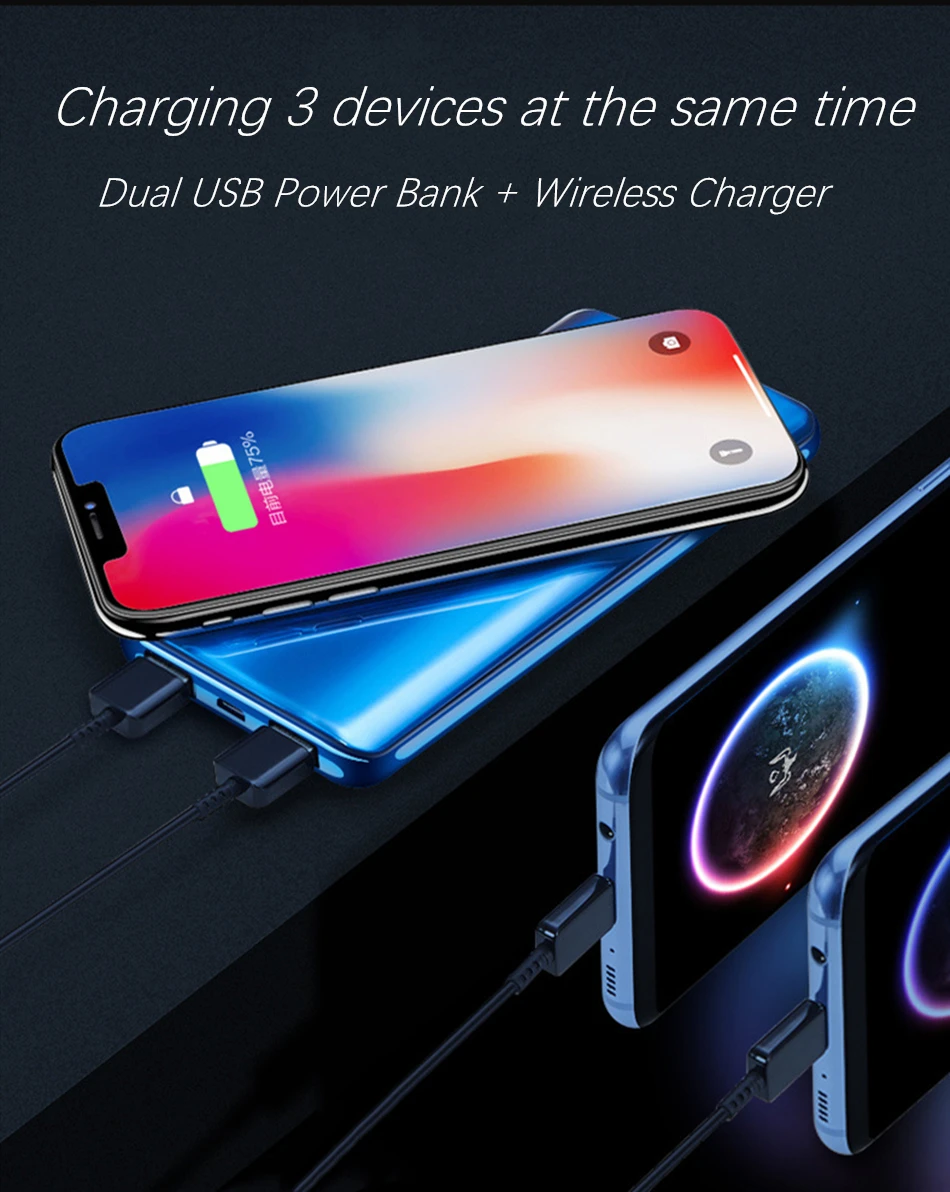 Ультратонкое QI Беспроводное зарядное устройство power Bank 10000 мАч для iPhone Xiaomi power bank зарядное устройство беспроводной внешний аккумулятор