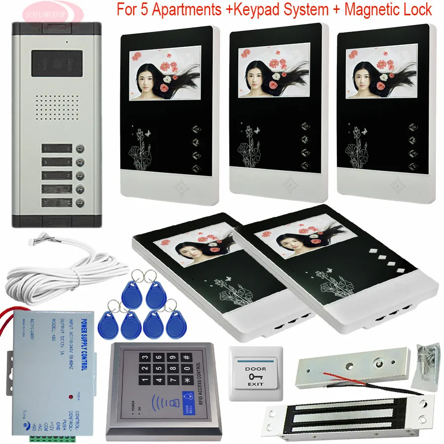

4.3'' Video Intercom Door Phone 5 Monitors Doorbell Camera for 5 Family Apartment + RFID Access System With Electromagnetic Lock