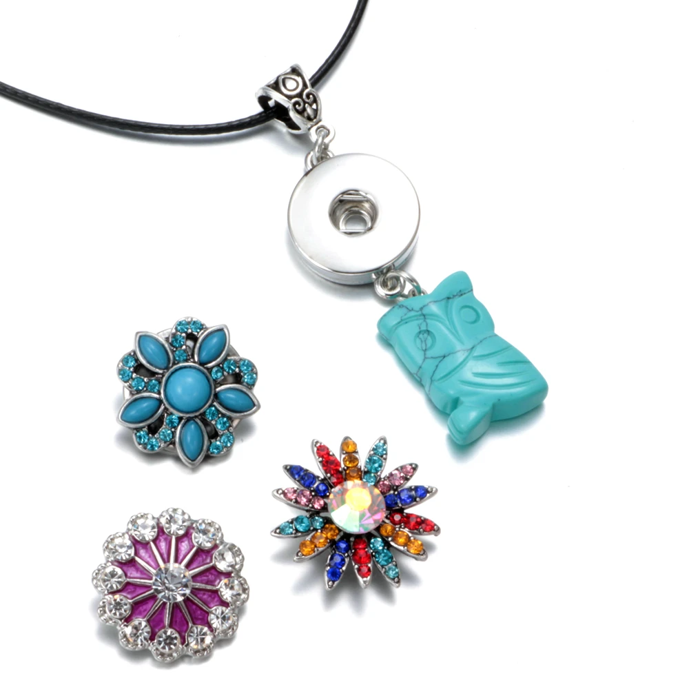 DZ1722a High quality Blue leather Necklace Fit 18mm Snap Button Owl Pendant Snaps Jewelry|snap jewelry pendant|snap button pendantsowl snap necklaces