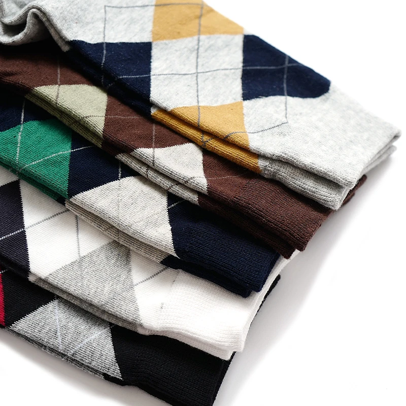 

1pair Cotton Men Socks Rhombus Print Quality Business Casual Socks Male Autumn Winter Thermal Warm Breathable Dress Socks Meias