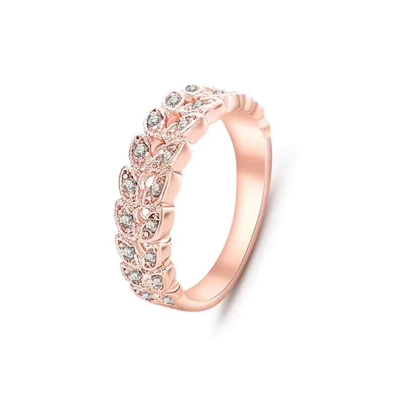 Женское классическое кольцо в форме листа с кристаллами розовое золото модные