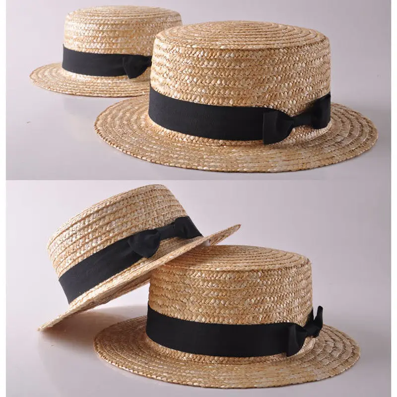 

Summer Simple Parent-child Matching Beach Bucket Hats Female Casual Panama Lady Women Flat brim Bowknot Straw cap girls Sun Hat