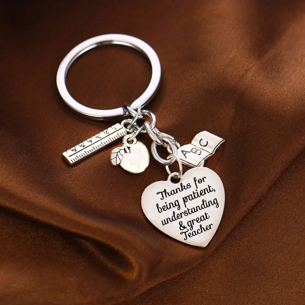 Thanks For Being Patient Understanding &amp Great Teacher Keychain Jewelry Apple Ruler ABC Book Heart Charms Keyring Teachers Gifts |