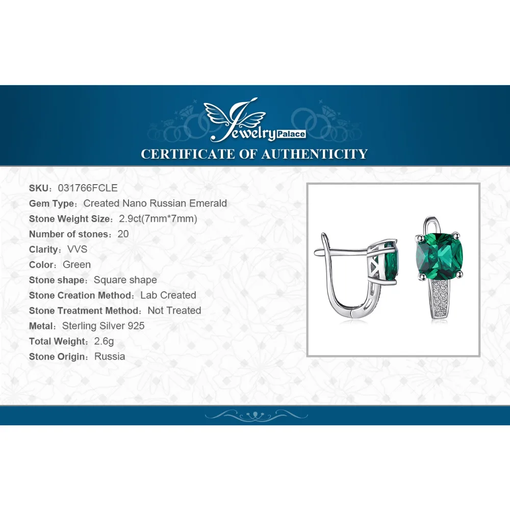 Jewelrypalace Подушки 3.1ct создан Зеленый Изумрудный Клипсы реального стерлингового серебра 925 Талисманы Красивые ювелирные изделия для, женская обувь