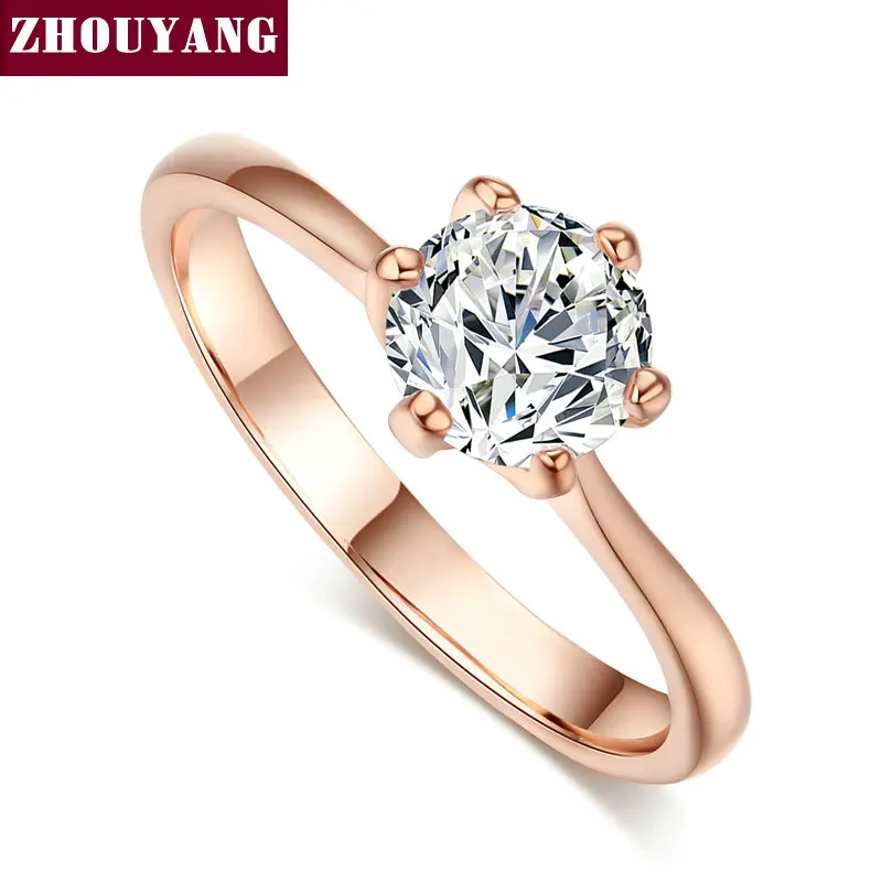 ZHOUYANG, обручальное кольцо для женщин, розовое золото, шесть когтей, кубический цирконий, круглая огранка, 1 карат, 6 мм, модное ювелирное изделие, R013, R014