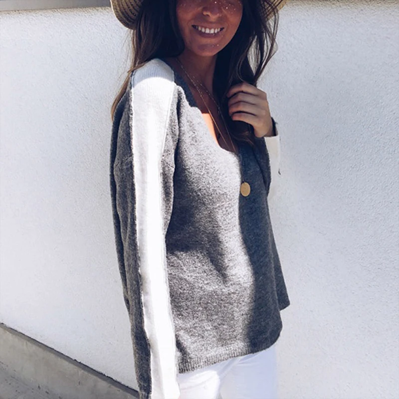 Women Casual Long Sleeve Deep V Neck Pullovers Autumn Loose Knitted Sweater Fashion Patchwork Color Tops | Женская одежда