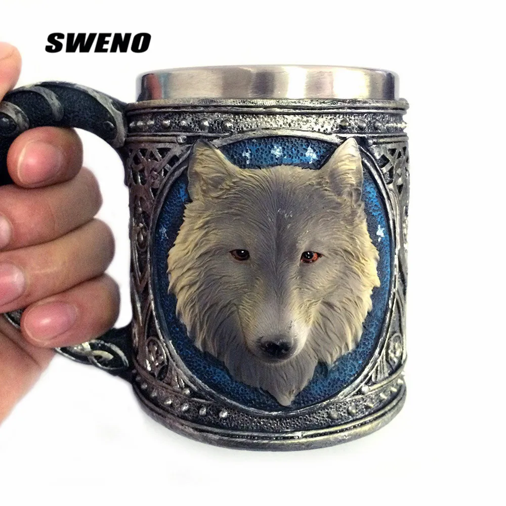 SWENO New Strange Wolf Head Mug 3D Resin Stainless Steel Cup Cartoon Animal Drinking | Дом и сад