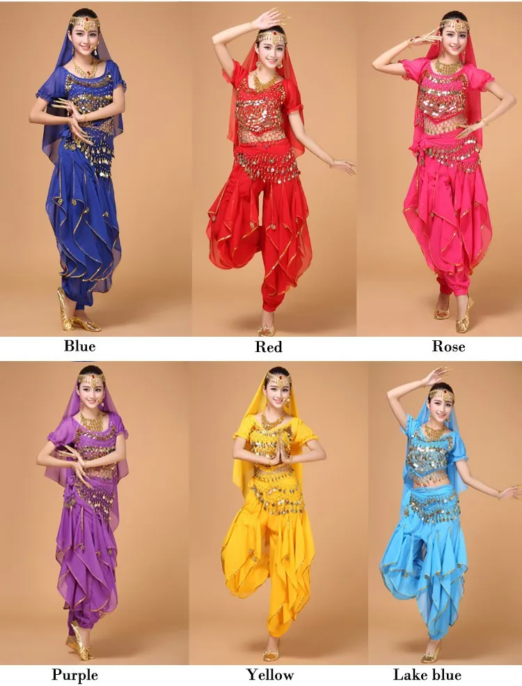 Размера плюс костюмы для танца живота 5 шт. Топ с длинным рукавом брюки и цепочка